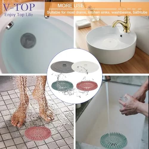 V-TOP Shower Drain Hair Catcher & Tub Stopper 4 Pack | Silicone Bathtub Drain Plug for Bathroom, Kitchen, Laundry thumbnail 7