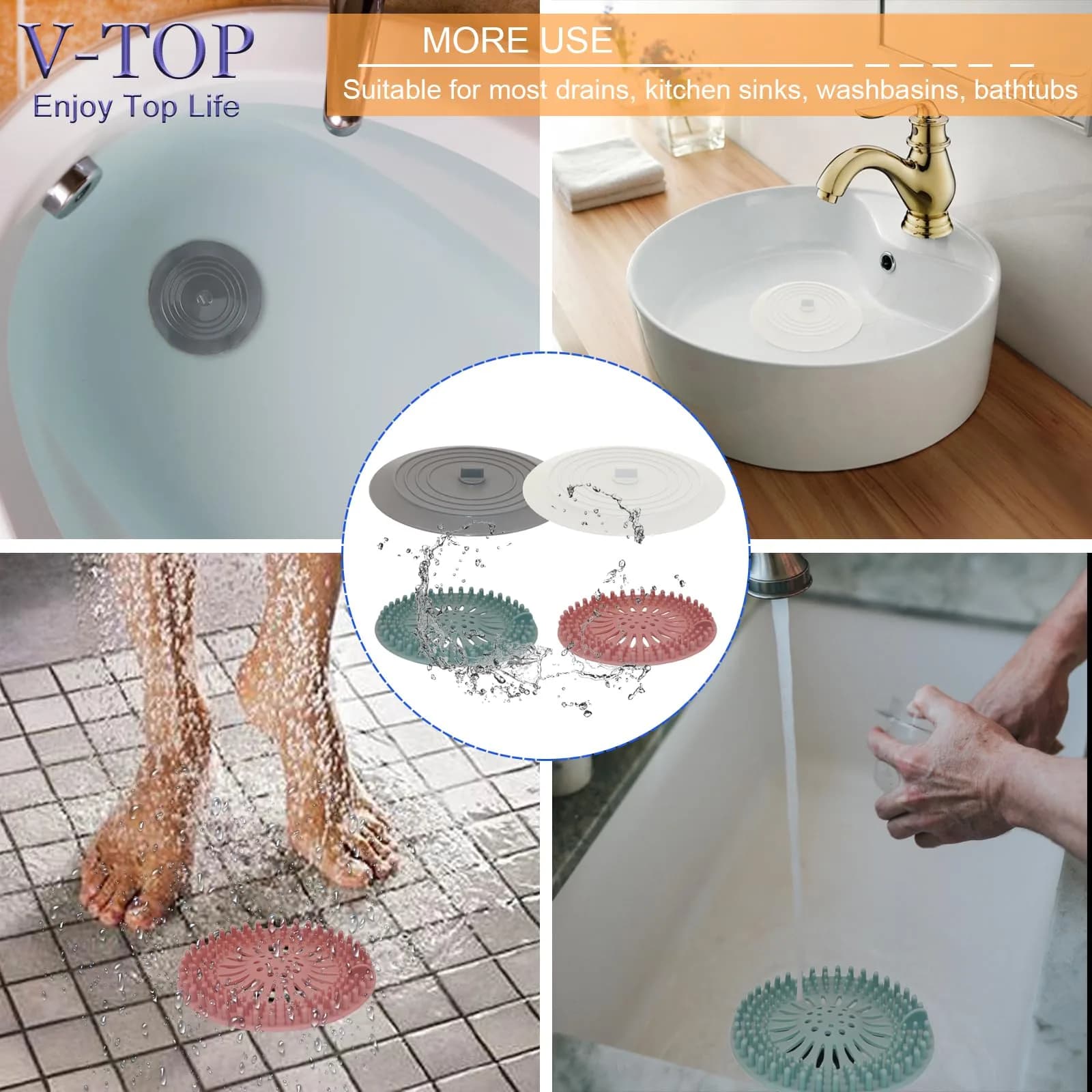 V-TOP Shower Drain Hair Catcher & Tub Stopper 4 Pack | Silicone Bathtub Drain Plug for Bathroom, Kitchen, Laundry - view 7