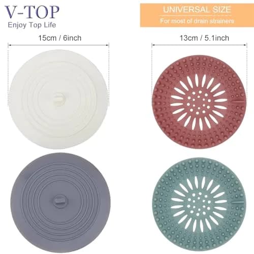 V-TOP Shower Drain Hair Catcher & Tub Stopper 4 Pack | Silicone Bathtub Drain Plug for Bathroom, Kitchen, Laundry thumbnail 2