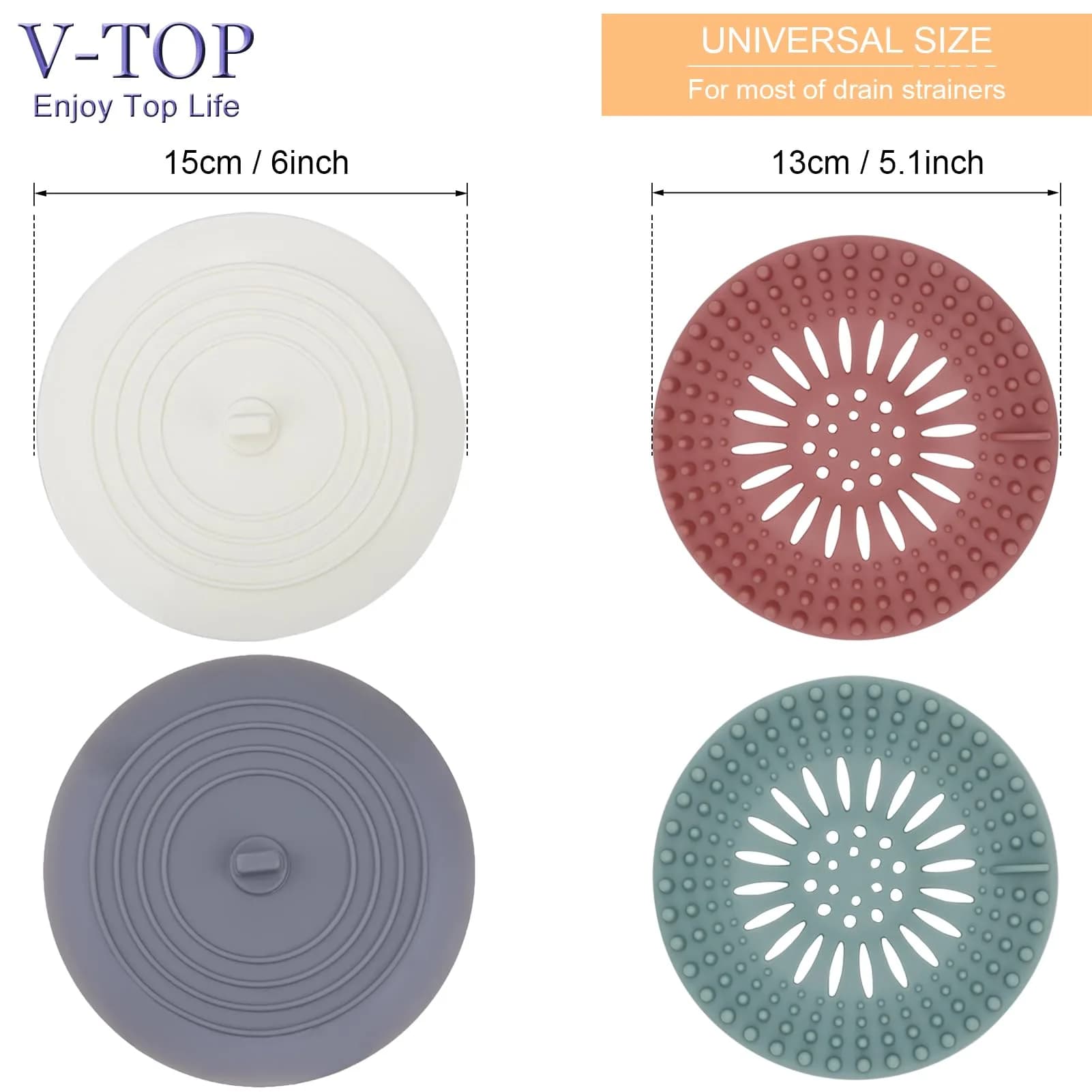 V-TOP Shower Drain Hair Catcher & Tub Stopper 4 Pack | Silicone Bathtub Drain Plug for Bathroom, Kitchen, Laundry - view 2