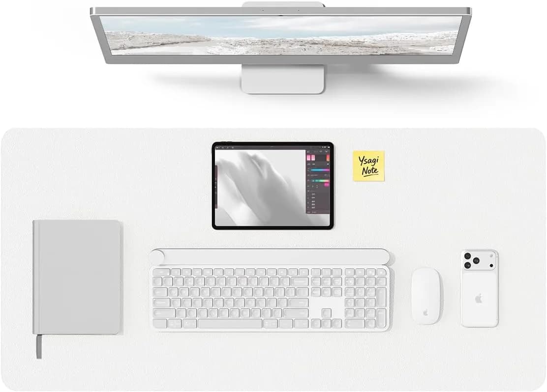 YSAGi White PU Leather Desk Protector Pad with Large Mouse Mat Surface, 35.4" x 17" | Protects Your Desk from Scratches & Spills - main product image