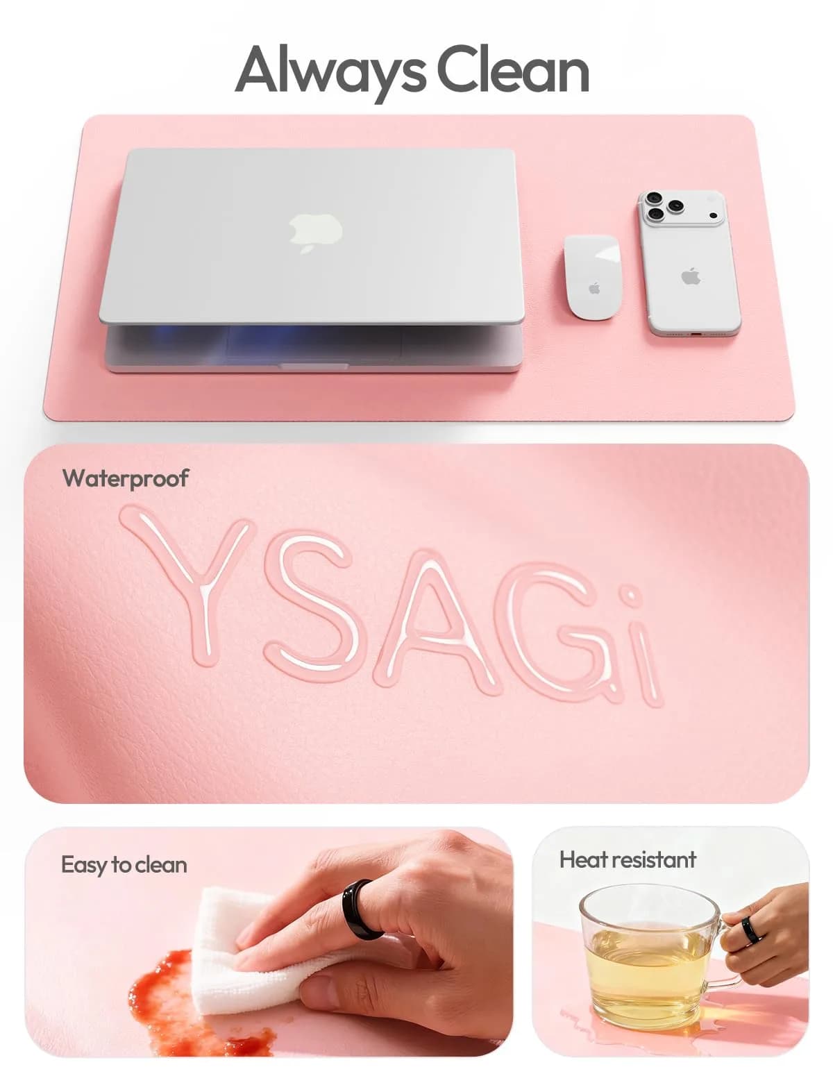 YSAGi Leather Desk Protector Light Pink 80cm (31.5") x 40cm (15.8") | Protects Desks, Doubles as Large Mouse Pad - view 7