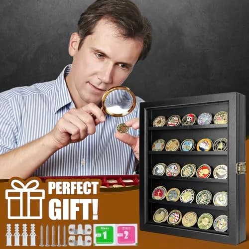 ULTRGEE Challenge Coin Display Case, Wall Mount Shadow Box for Coins, Medals & Badges, Black | Acrylic & Wood thumbnail 7