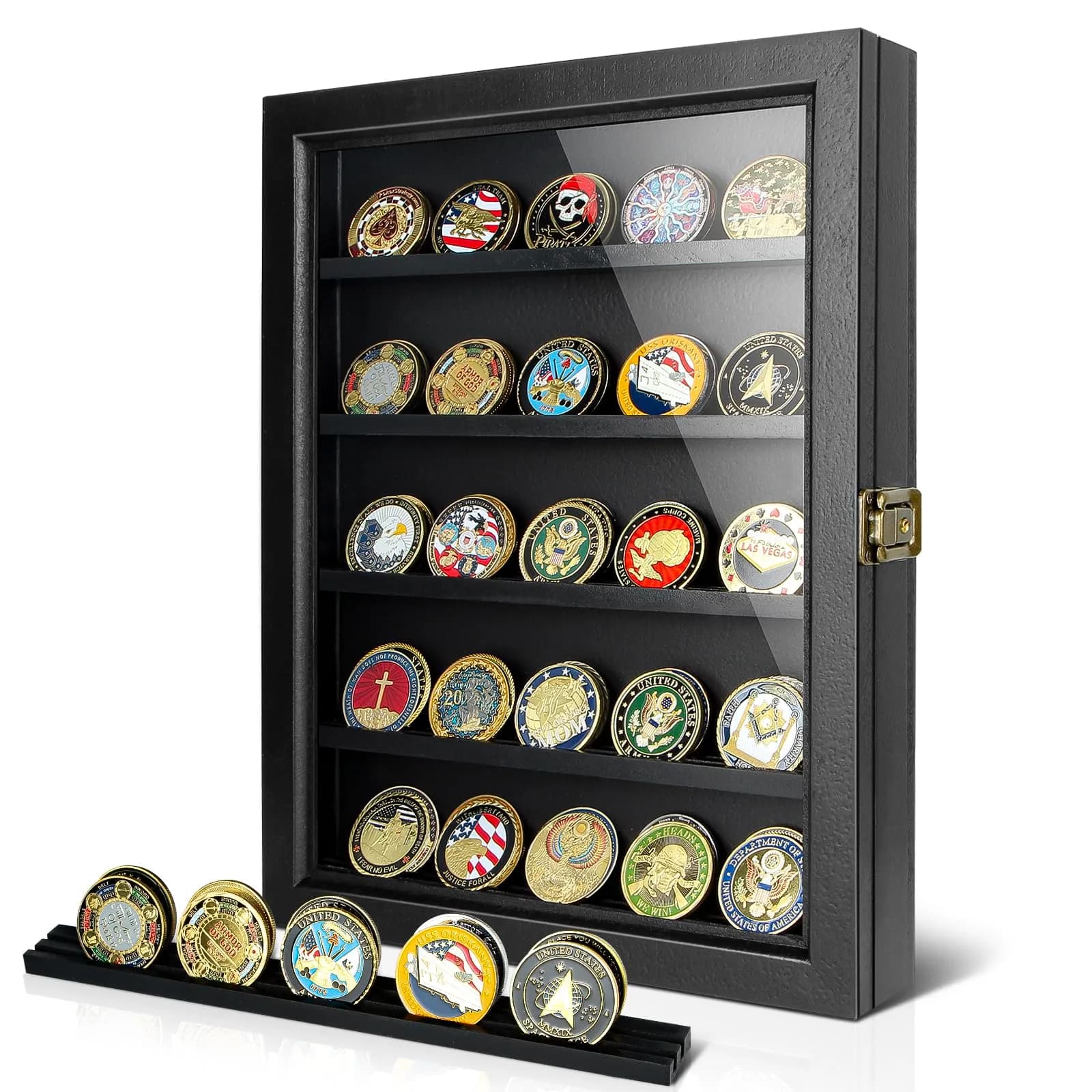 ULTRGEE Challenge Coin Display Case, Wall Mount Shadow Box for Coins, Medals & Badges, Black | Acrylic & Wood — Black