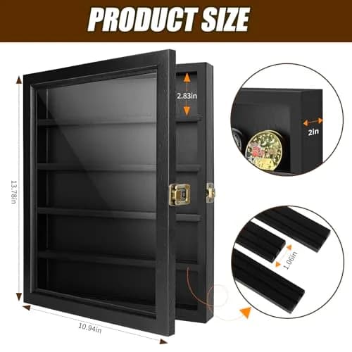 ULTRGEE Challenge Coin Display Case, Wall Mount Shadow Box for Coins, Medals & Badges, Black | Acrylic & Wood thumbnail 4