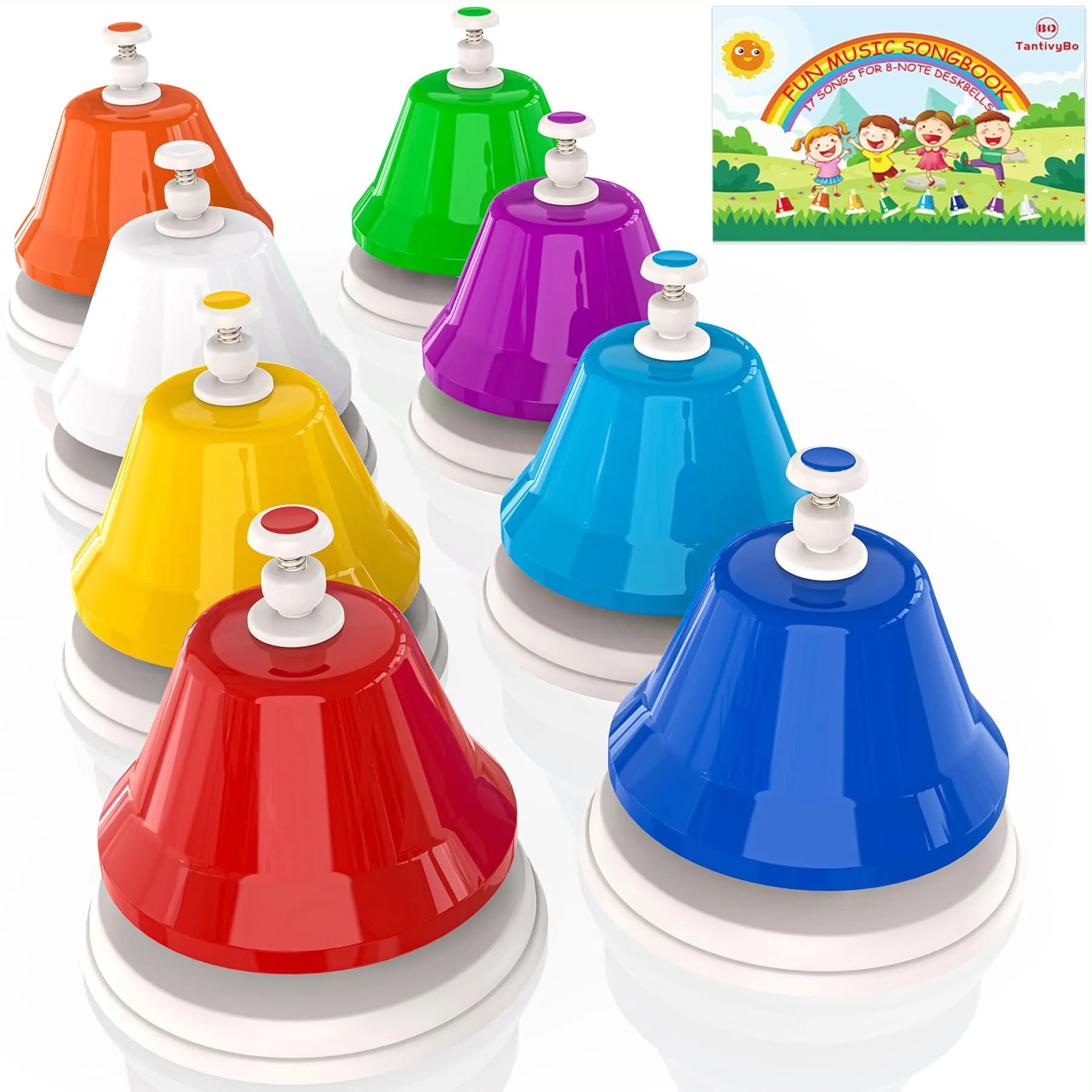 TantivyBo Rainbow Diatonic Hand Bells Set with Songbook | 8-Note Musical Educational Toy for Kids Aged 3+