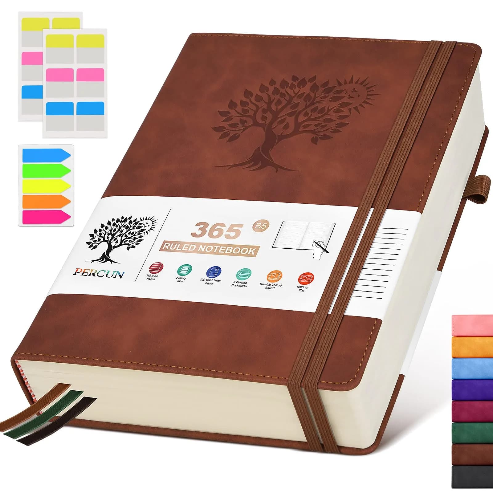 PERCUN B5 Leather Journal Notebook 7.6" x 10.3" | 365 Pages Thick Paper — Brown