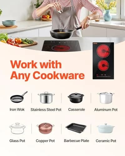VEVOR Built-in Electric Stove Top 12 inch 2 Burners 3000W 220-240V Glass Radiant Cooktop | Sensor Touch Control with Timer & Child Lock thumbnail 6