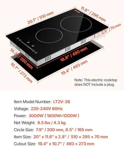 VEVOR Built-in Electric Stove Top 12 inch 2 Burners 3000W 220-240V Glass Radiant Cooktop | Sensor Touch Control with Timer & Child Lock thumbnail 7