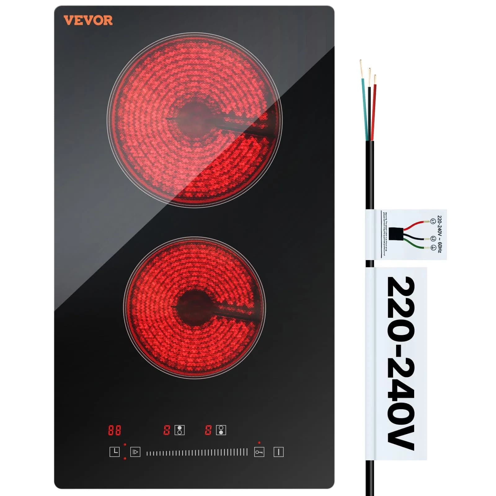 VEVOR Built-in Electric Stove Top 12 inch 2 Burners 3000W 220-240V Glass Radiant Cooktop | Sensor Touch Control with Timer & Child Lock