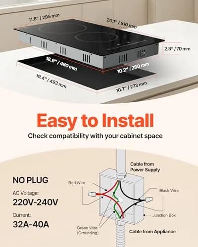 VEVOR Built-in Electric Stove Top 12 inch 2 Burners 3000W 220-240V Glass Radiant Cooktop | Sensor Touch Control with Timer & Child Lock thumbnail 2