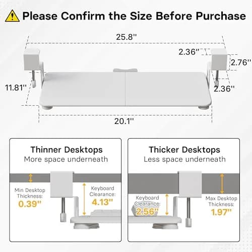 BONTEC Under Desk Keyboard Tray, Pull-Out Platform 25.6 x 11.8 in | Space-Saving Ergonomic Design thumbnail 2