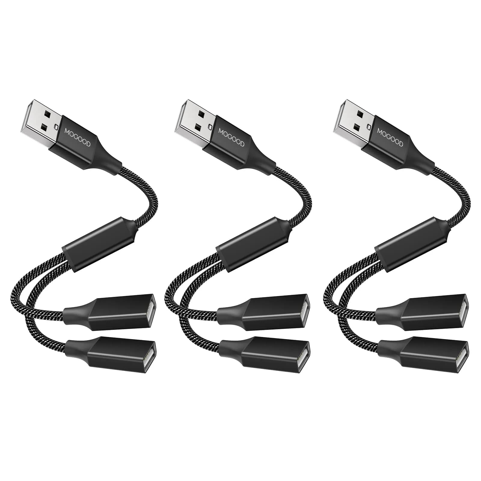 MOGOOD USB Splitter 1 to 2 Ports, Braided Y-Cable for Data Transfer & Charging | 480 Mbps Speed — Black