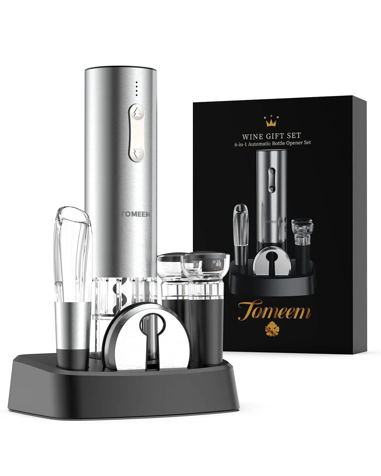 TOMEEM Silver Bottle Opener | 4-in-1 Rechargeable Wine Gift Set for Home & Parties - main product image