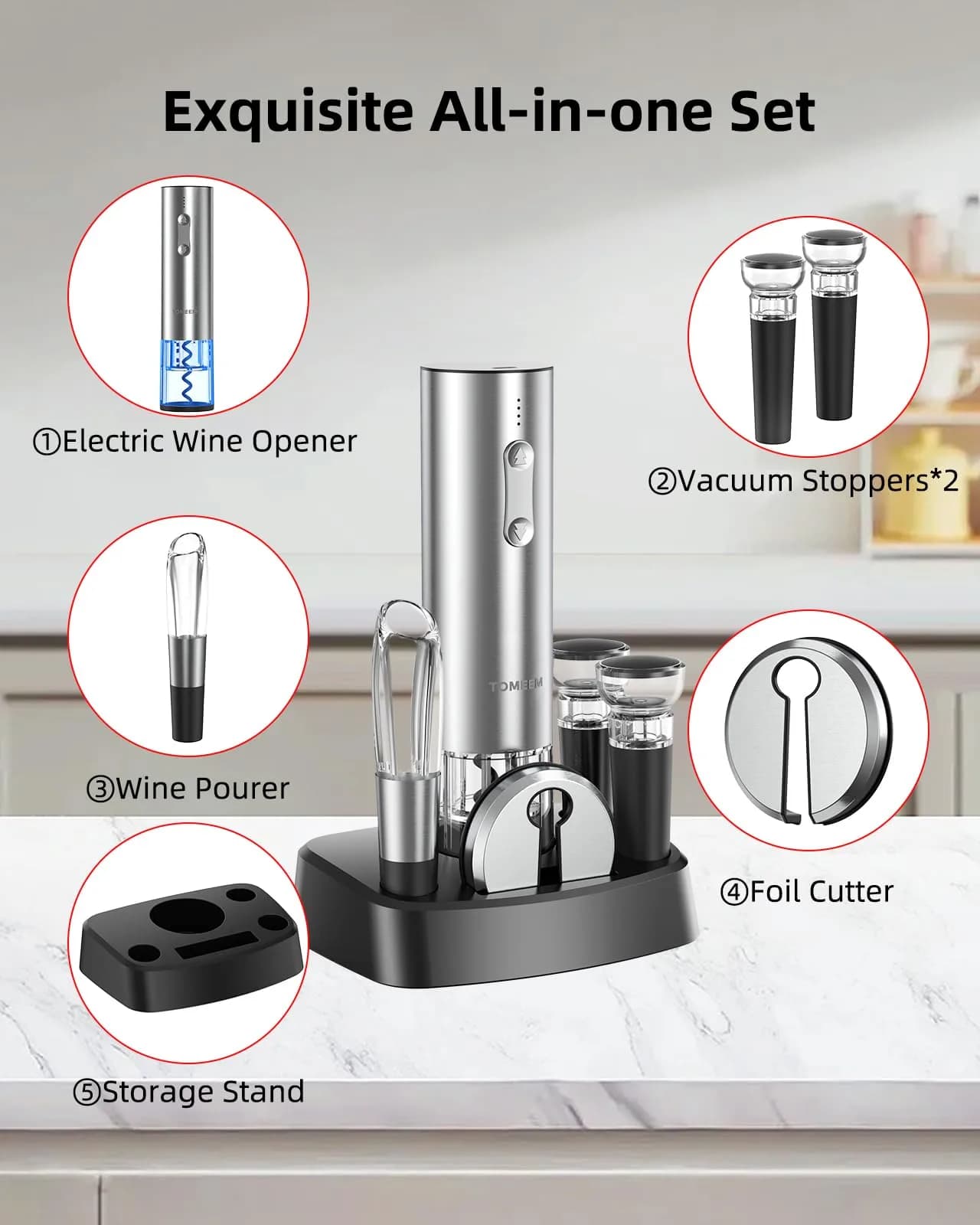 TOMEEM Silver Bottle Opener | 4-in-1 Rechargeable Wine Gift Set for Home & Parties - view 3