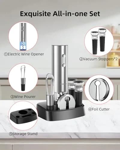 TOMEEM Silver Bottle Opener | 4-in-1 Rechargeable Wine Gift Set for Home & Parties thumbnail 3