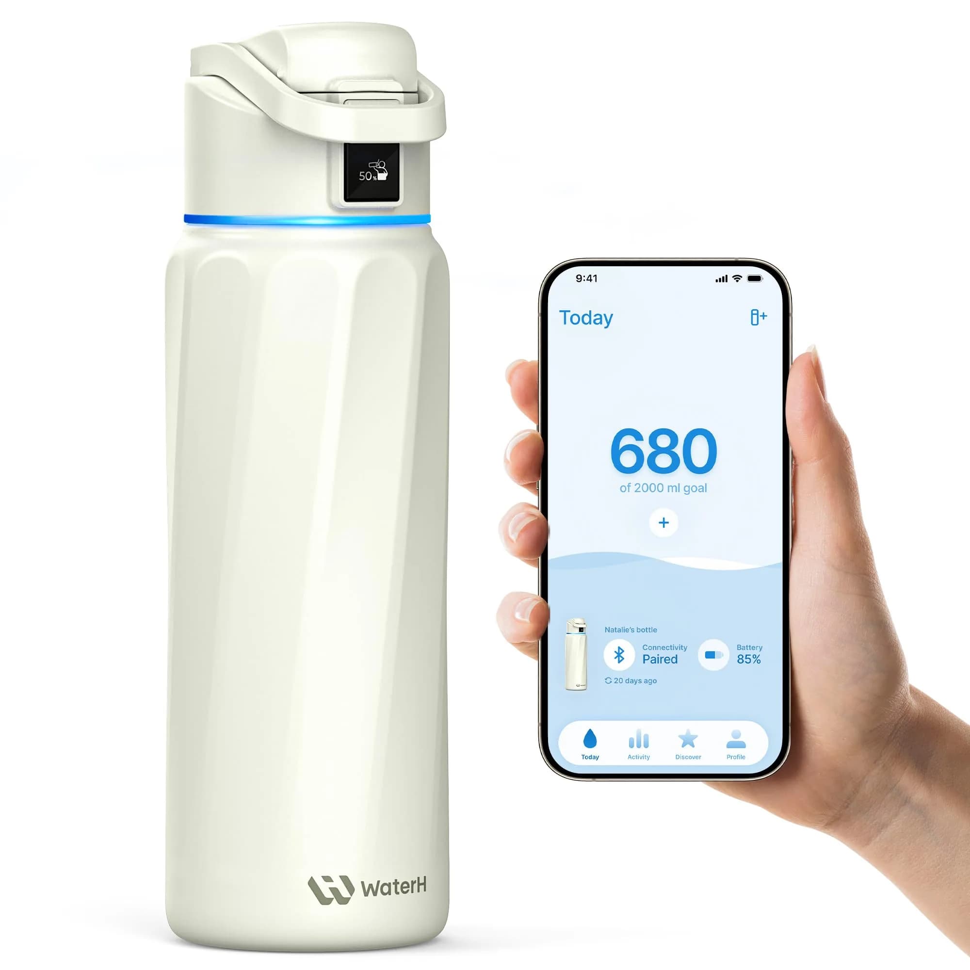 WaterH BOOST Smart Water Bottle Tracker with Reminder, White, 32oz | Hydration & Wellness Companion