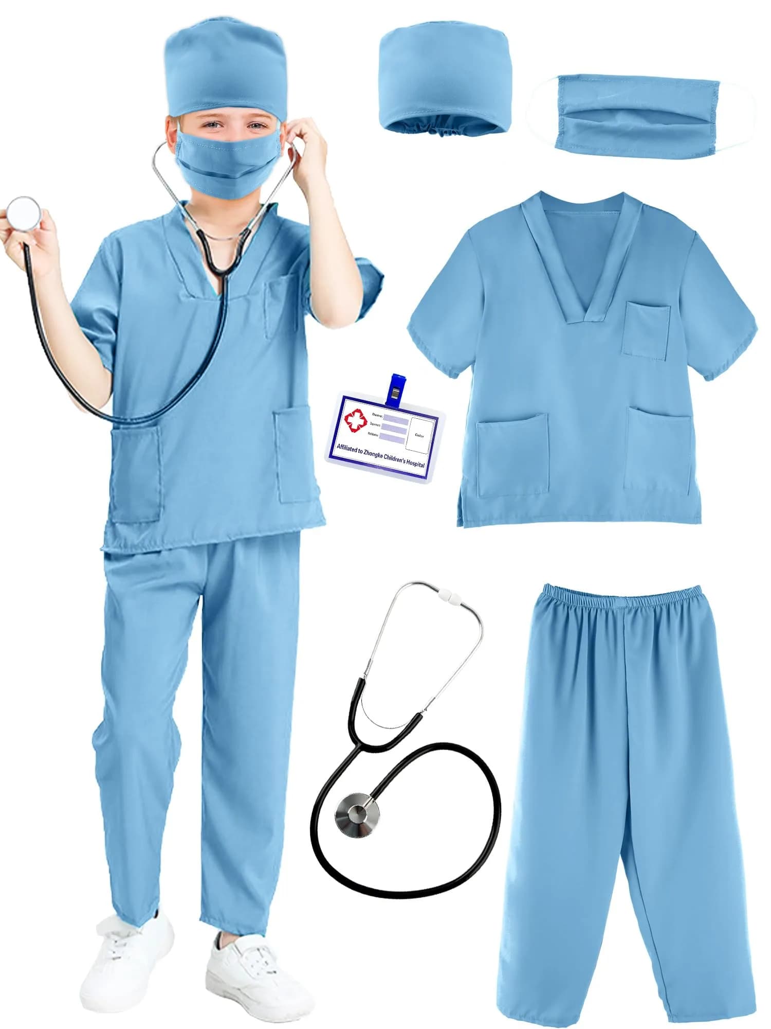 Puteraya Kids Doctor Scrubs Costume Set for Boys Girls | Educational Role Play Costume (Light Blue, 8-10 Years)