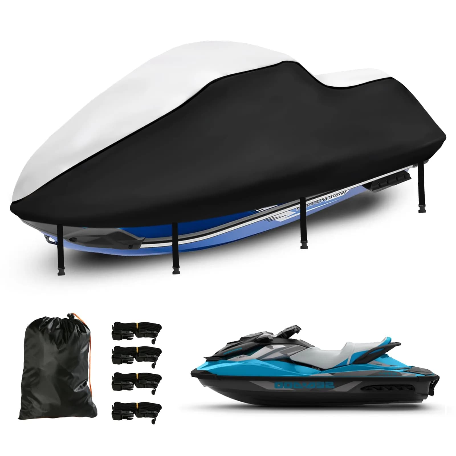 SRIMMIT Heavy Duty Jet Ski Cover 3 Seater 360cm (142") | Waterproof, UV Resistant, Black — Silver Black / 115"-120"
