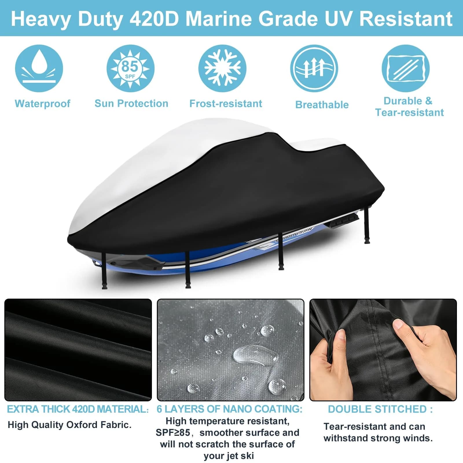 SRIMMIT Jet Ski Cover 3 Seater 115-120 Inch | 420D Nano-Coated Waterproof UV PWC Cover - view 3