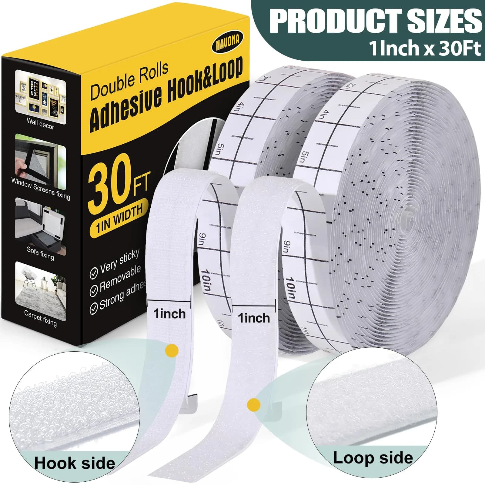 Navona Heavy Duty Hook and Loop Tape Strips with Adhesive, 2.5cm (1 Inch) x 30 Feet Each Roll, White | USA Imported Fastener Rolls - view 2