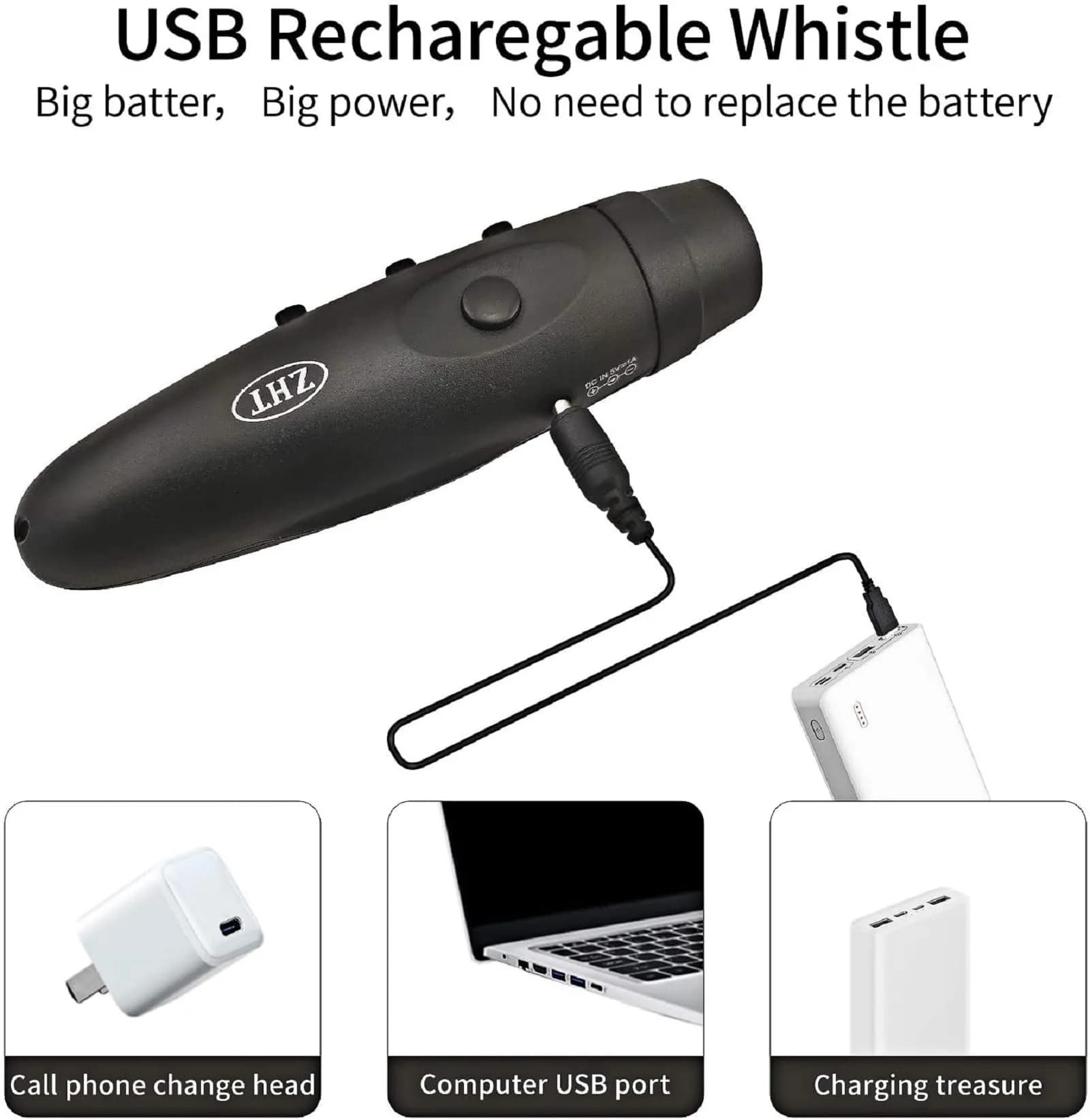 ZHT Electronic Whistle with USB Charging, 3-Tone 120dB Loud, Rechargeable Referee & Coach Whistle with Lanyard (2 Black Units) - view 3