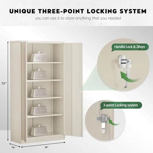 Greenvelly Metal Storage Cabinet, Gray Locking Steel Cabinet with 2 Doors and 4 Adjustable Shelves | 71" Utility Metal Filing Cabinet for Home Office & Garage thumbnail 5