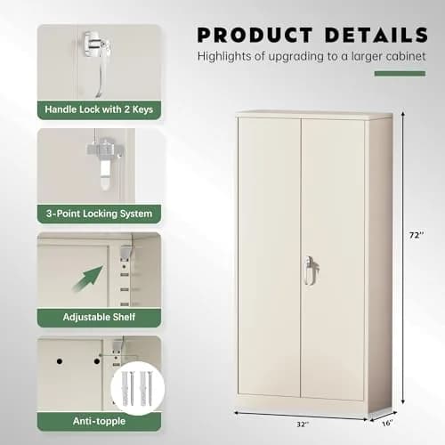 Greenvelly Metal Storage Cabinet, Gray Locking Steel Cabinet with 2 Doors and 4 Adjustable Shelves | 71" Utility Metal Filing Cabinet for Home Office & Garage thumbnail 3