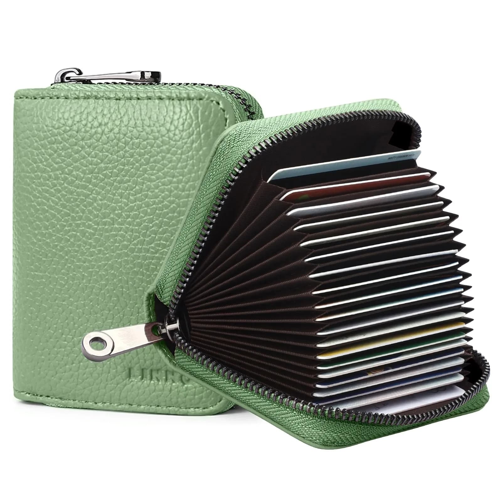 Linno RFID Genuine Leather Credit Card Holder Wallet with Zipper - Light Green, 20 Slots - main product image