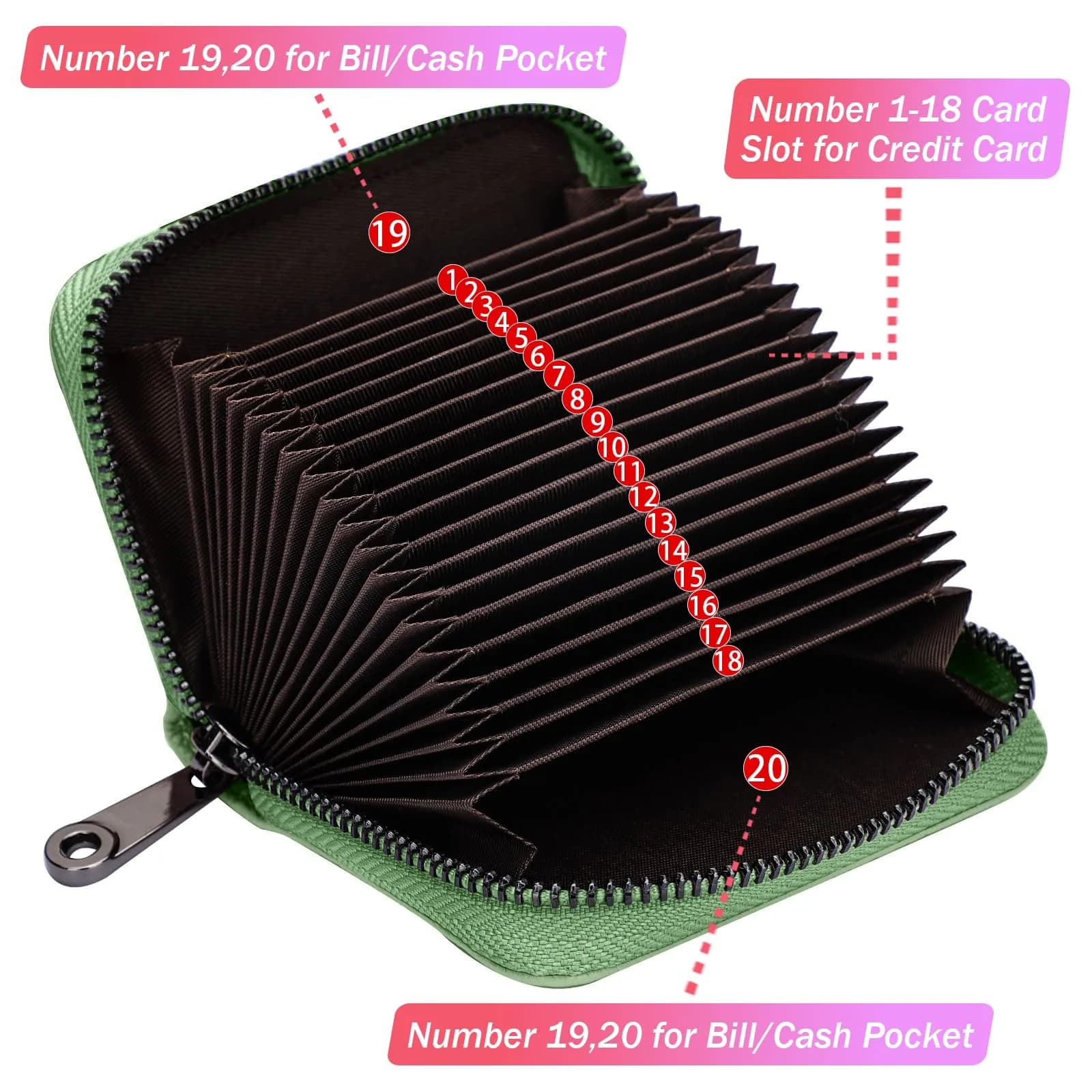 Linno RFID Genuine Leather Credit Card Holder Wallet with Zipper - Light Green, 20 Slots - view 2