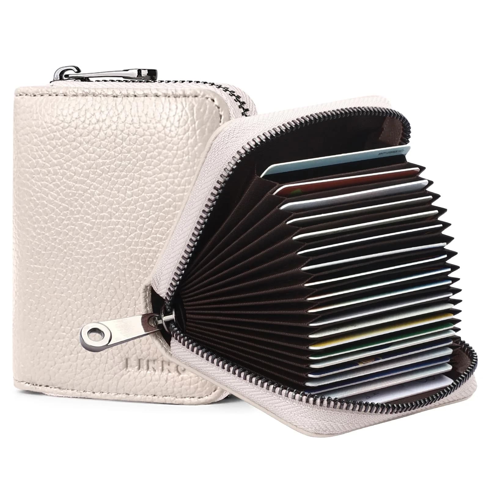 Linno Beige Genuine Leather RFID Credit Card Holder Wallet with Zipper - 20 Slots - main product image