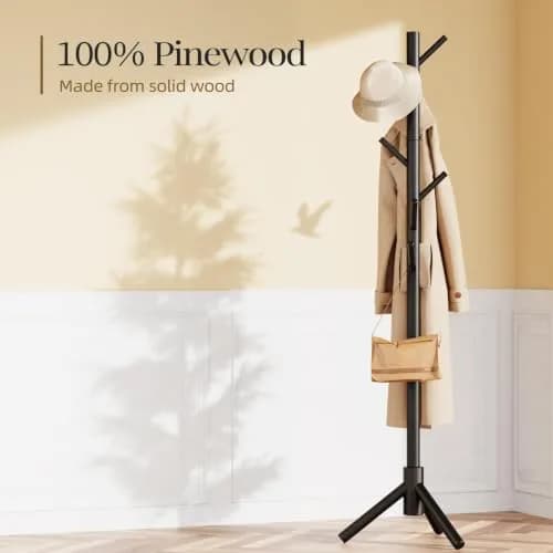 Pipishell Solid Wooden Coat Rack Freestanding with 8 Hooks, Black | Adjustable Height 68.9 inches (175 cm) thumbnail 3