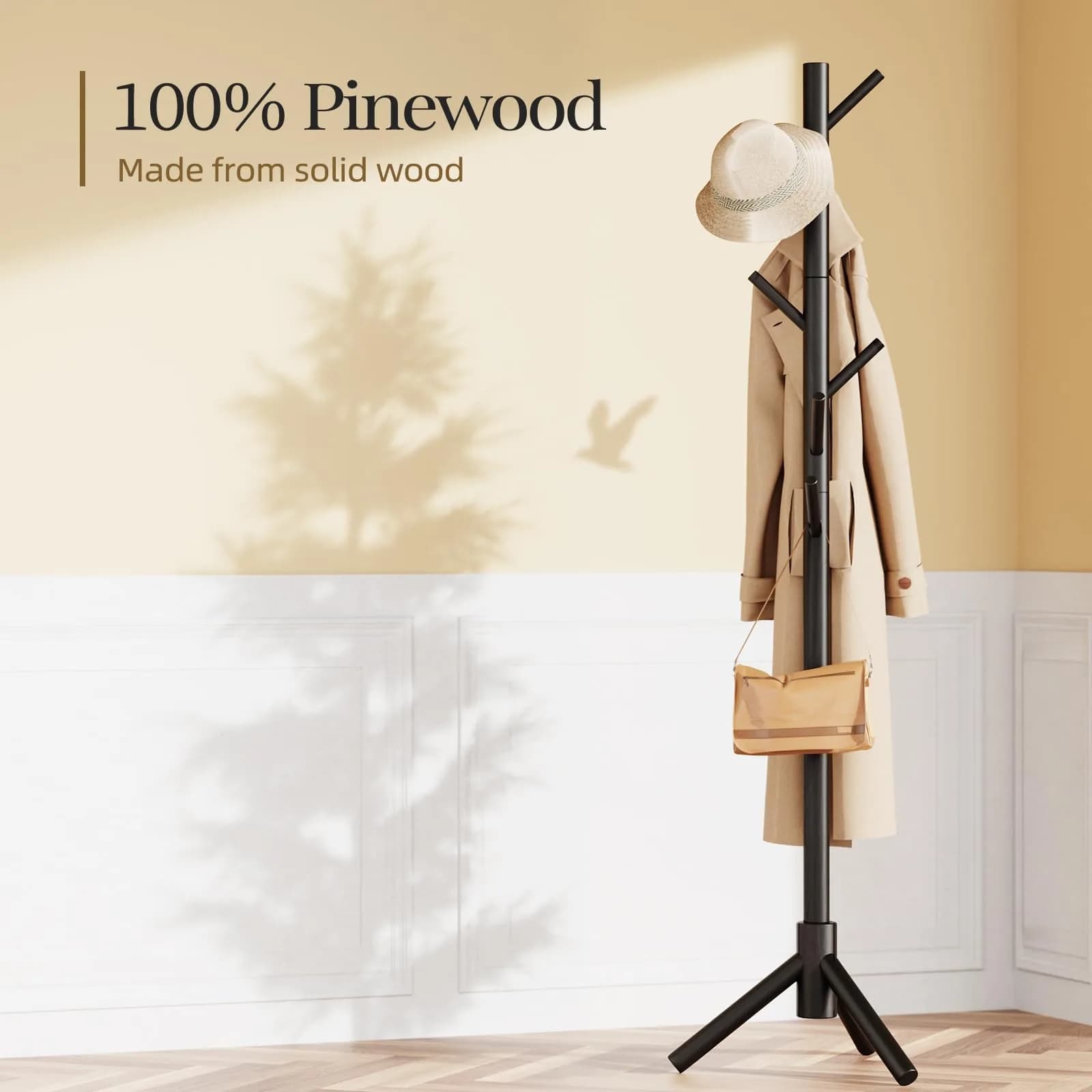 Pipishell Solid Wooden Coat Rack Freestanding with 8 Hooks, Black | Adjustable Height 68.9 inches (175 cm) - view 3