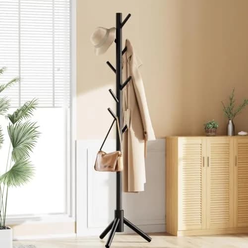 Pipishell Solid Wooden Coat Rack Freestanding with 8 Hooks, Black | Adjustable Height 68.9 inches (175 cm) thumbnail 6