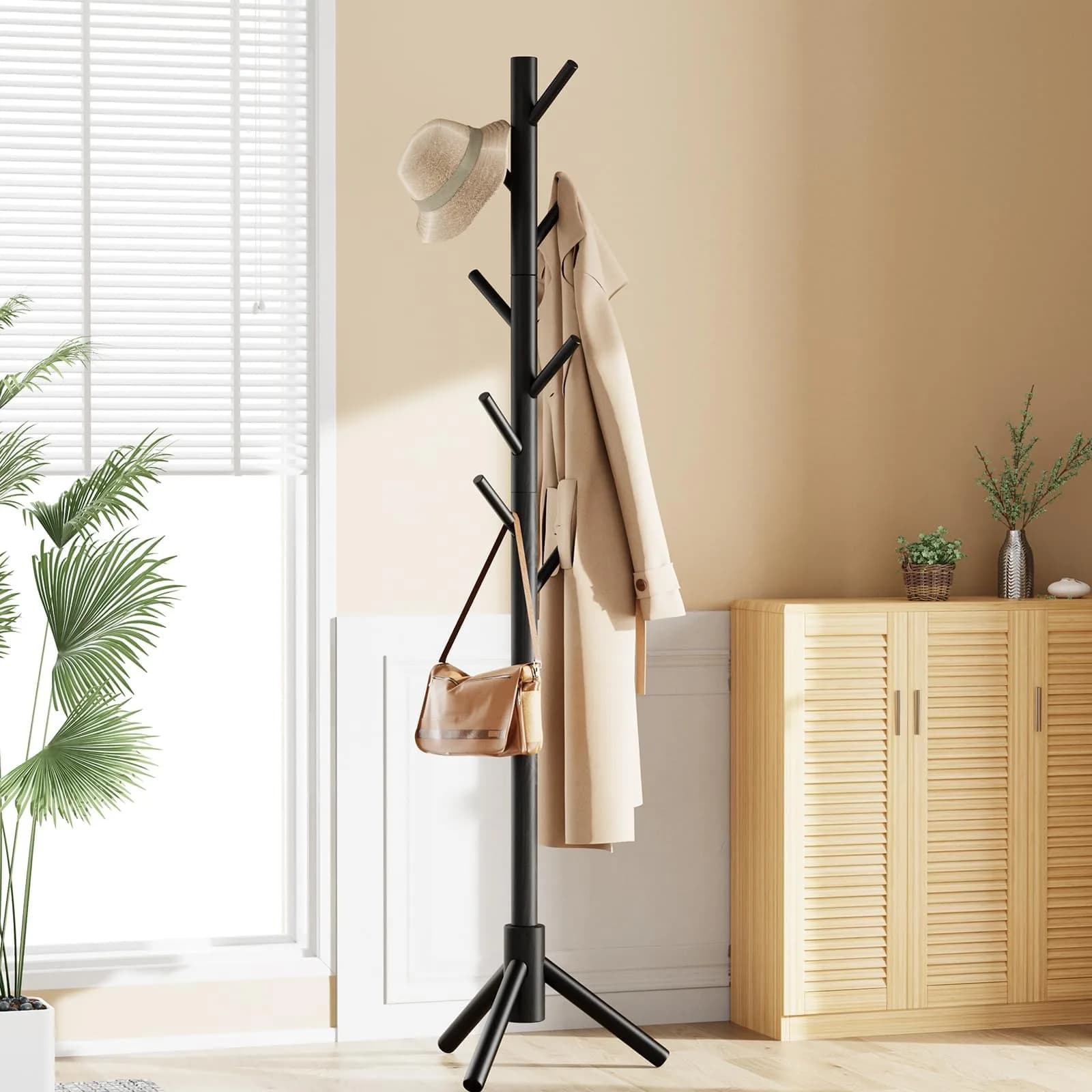 Pipishell Solid Wooden Coat Rack Freestanding with 8 Hooks, Black | Adjustable Height 68.9 inches (175 cm) - view 6