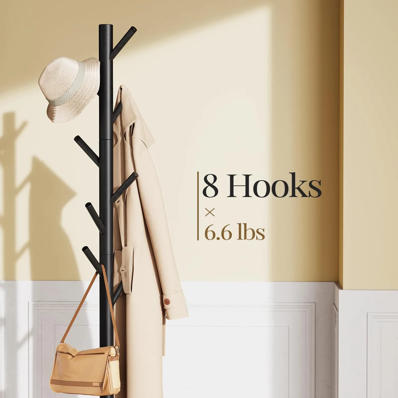 Pipishell Solid Wooden Coat Rack Freestanding with 8 Hooks, Black | Adjustable Height 68.9 inches (175 cm)