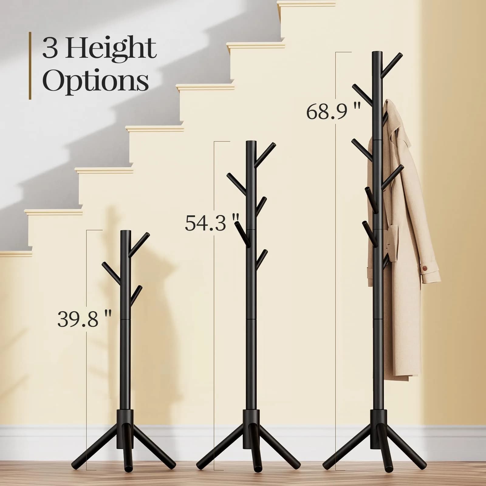 Pipishell Solid Wooden Coat Rack Freestanding with 8 Hooks, Black | Adjustable Height 68.9 inches (175 cm) - view 2