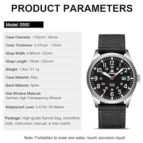 LN LENQIN Men's Military Sport Analog Quartz Watch with Date & Luminous Dial | 42mm Stainless Steel Case, 22mm Nylon Strap thumbnail 5