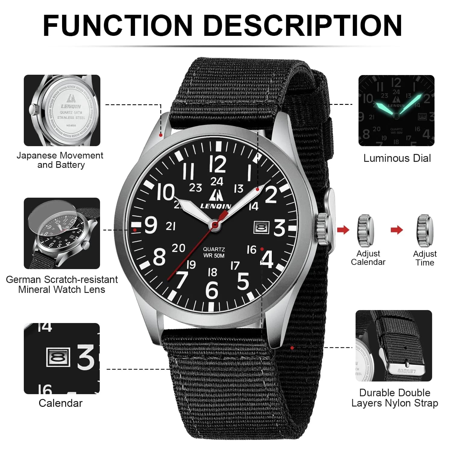 LN LENQIN Men's Military Sport Analog Quartz Watch with Date & Luminous Dial | 42mm Stainless Steel Case, 22mm Nylon Strap - view 4