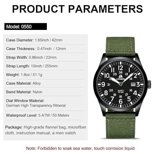 LN LENQIN Men's Military Sport Analog Quartz Watch 42mm (1.65 inches) | Japanese Quartz Movement thumbnail 5