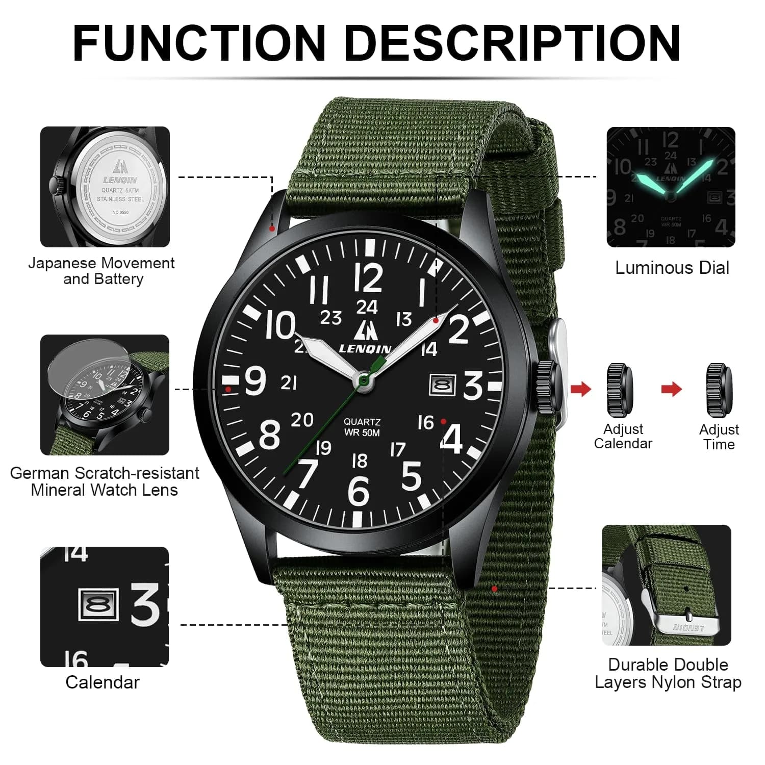LN LENQIN Men's Military Sport Analog Quartz Watch 42mm (1.65 inches) | Japanese Quartz Movement - view 4