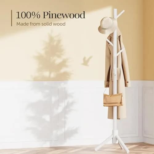 Pipishell White Freestanding Coat Rack with 8 Hooks | Adjustable Height Solid Wood Entryway Organizer thumbnail 3