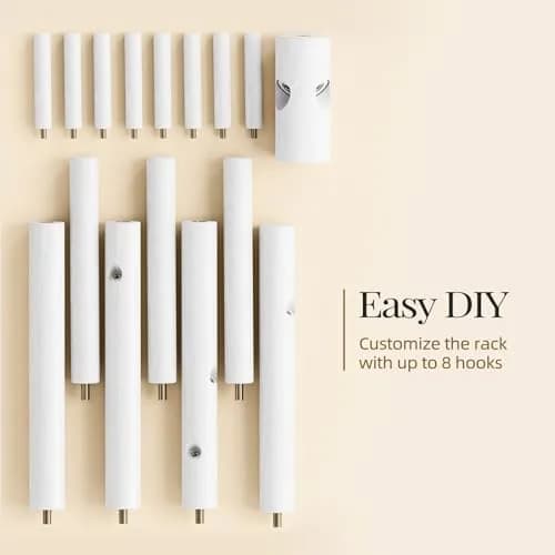 Pipishell White Freestanding Coat Rack with 8 Hooks | Adjustable Height Solid Wood Entryway Organizer thumbnail 5