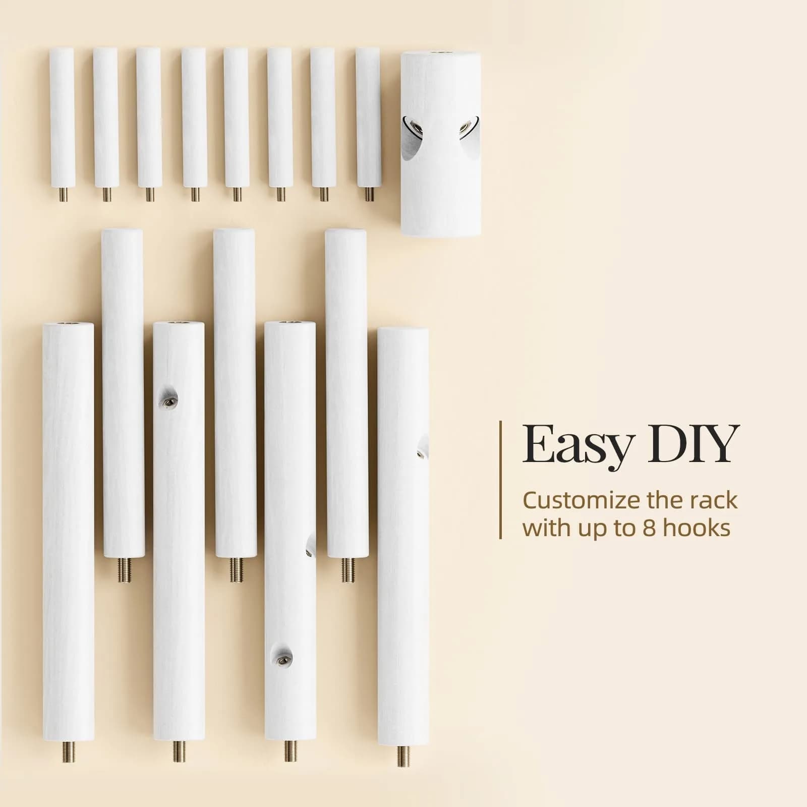Pipishell White Freestanding Coat Rack with 8 Hooks | Adjustable Height Solid Wood Entryway Organizer - view 5