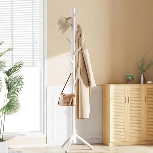Pipishell White Freestanding Coat Rack with 8 Hooks | Adjustable Height Solid Wood Entryway Organizer thumbnail 6