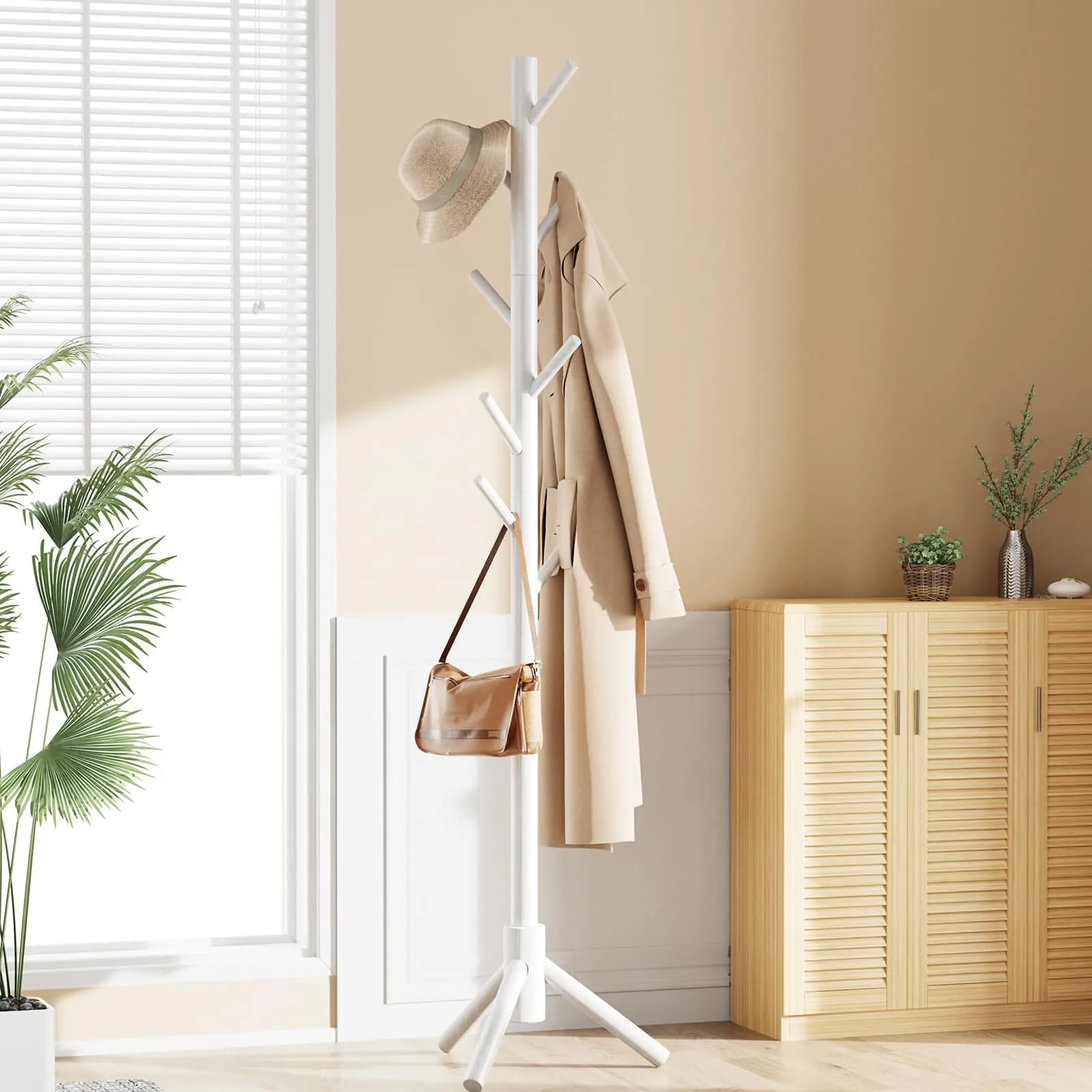 Pipishell White Freestanding Coat Rack with 8 Hooks | Adjustable Height Solid Wood Entryway Organizer - view 6