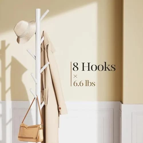 Pipishell White Freestanding Coat Rack with 8 Hooks | Adjustable Height Solid Wood Entryway Organizer thumbnail 1