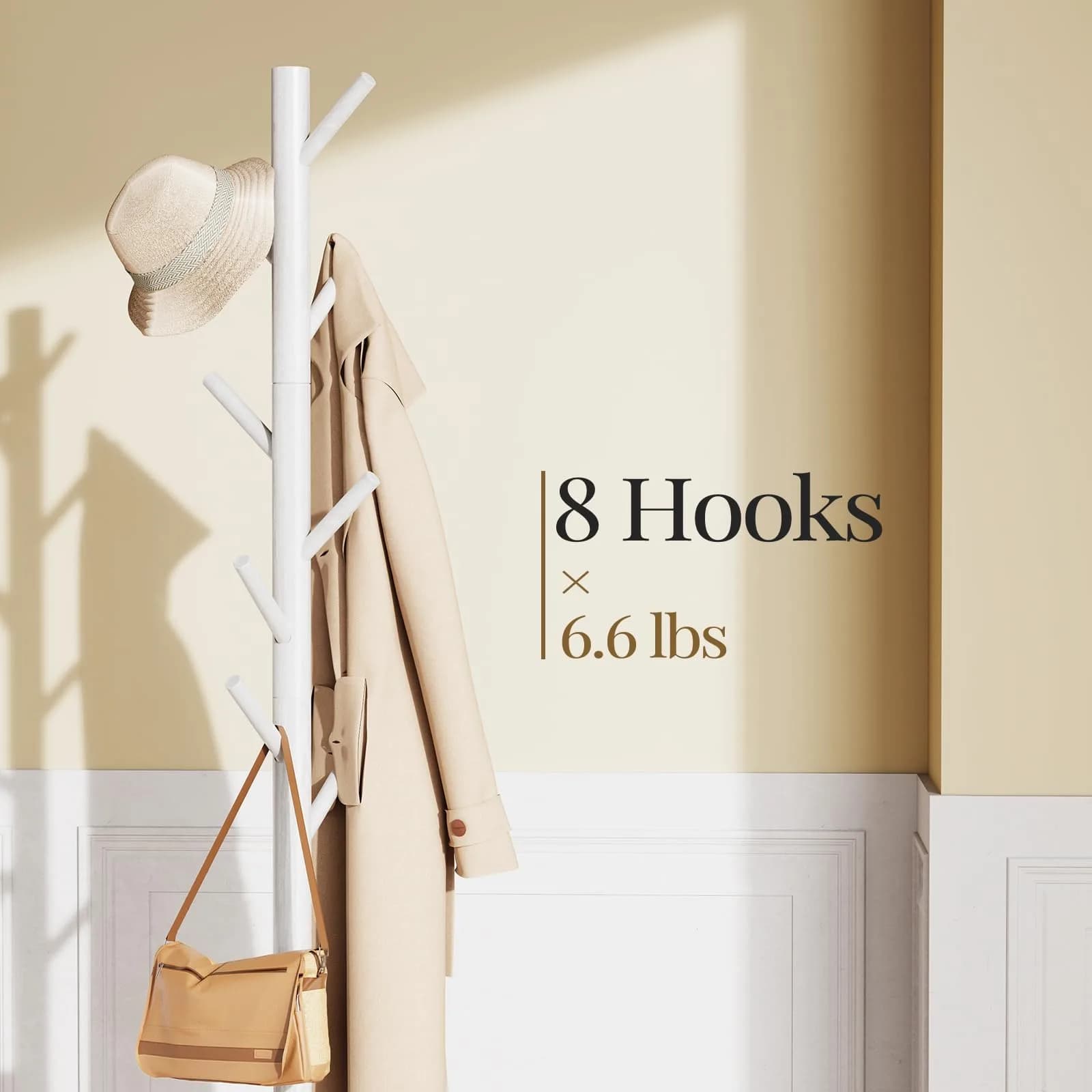 Pipishell Solid Wooden Coat Rack Freestanding with 8 Hooks, Natural | 1.7m (68.9") Height-Adjustable Entryway Stand — White