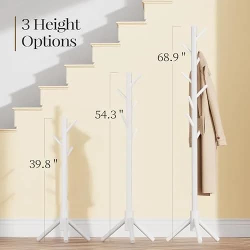 Pipishell White Freestanding Coat Rack with 8 Hooks | Adjustable Height Solid Wood Entryway Organizer thumbnail 2
