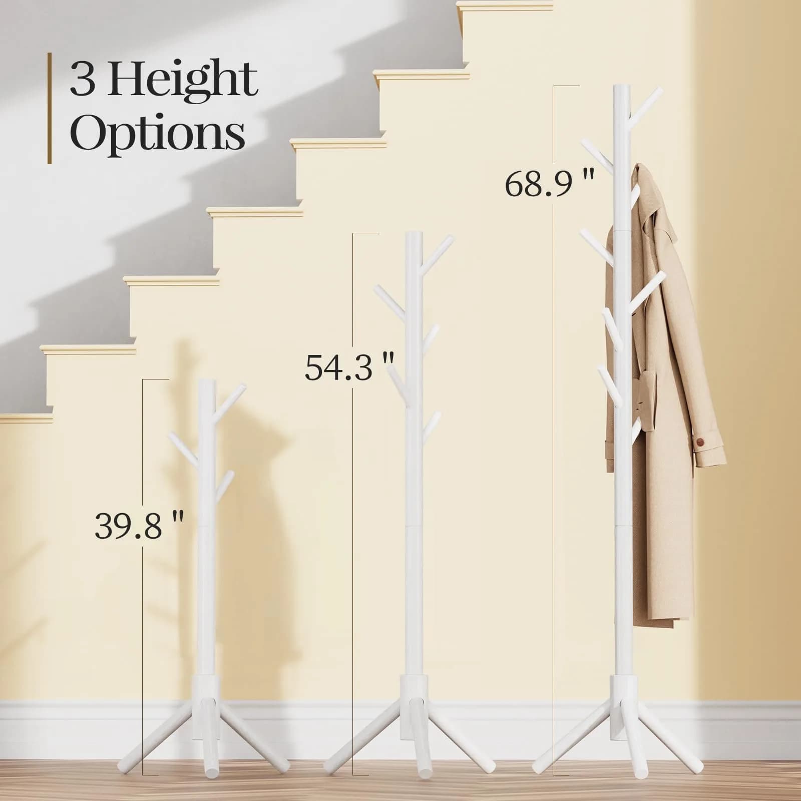 Pipishell White Freestanding Coat Rack with 8 Hooks | Adjustable Height Solid Wood Entryway Organizer - view 2